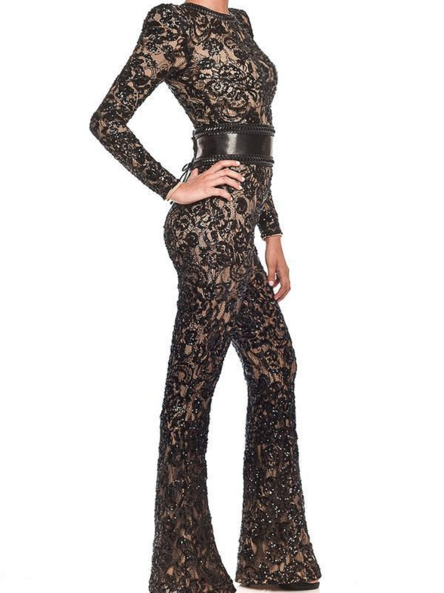 Lace-trimmed Bodycon Jumpsuit With Belt