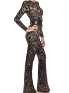 Lace-trimmed Bodycon Jumpsuit With Belt