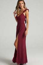 Deep V-Neck Ruffle Strap Thigh Slit Floor Length Maxi Dress