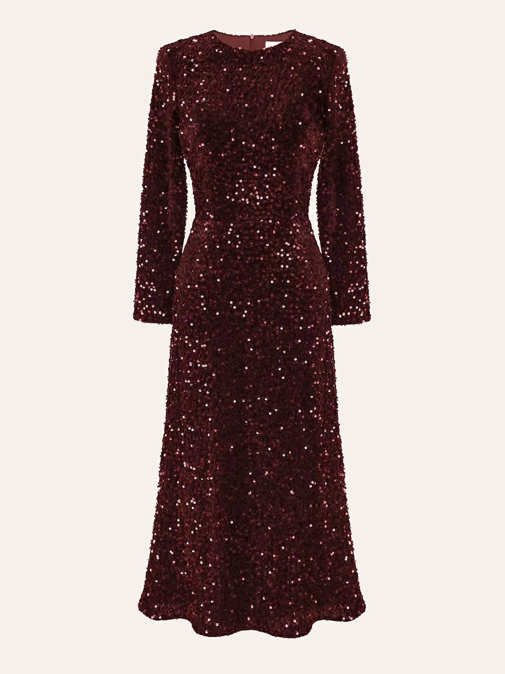 Round Neck Long Sleeve Allover Sequin Sheath Midi Dress