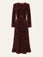 Round Neck Long Sleeve Allover Sequin Sheath Midi Dress