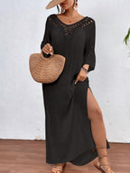 Hand-crocheted Patchwork Colorful Pom-poms Sexy Hollow-out Backless Loose Beachwear