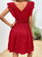 V-neck Pleated Ruffles Solid Color Mini&Short Dresses