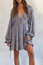 V Neck Balloon Sleeves Backless Drawstring Sequin Dress(in 4 Colors)