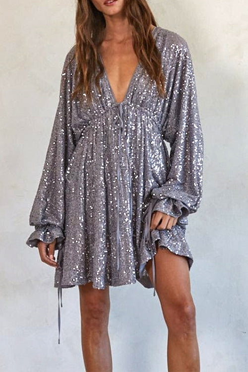 V Neck Balloon Sleeves Backless Drawstring Sequin Dress(in 4 Colors)