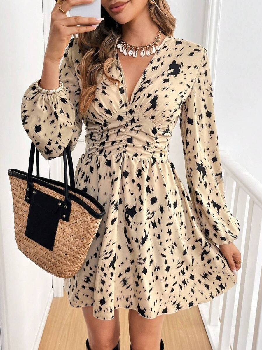 Ruffle Geometric Print Long Sleeve Mini&Short Dresses