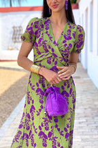 Cross V Neck Balloon Sleeves Printed Midi Dress