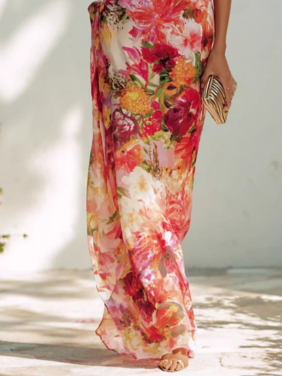 Halter Floral Waist Vacation Maxi Dresses