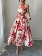 Printed Halter Sleeveless Vacation And Leisure Maxi Dresses