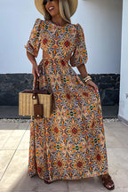 Puff Sleeves Backless Lace-up Printed Maxi Vacation Dress