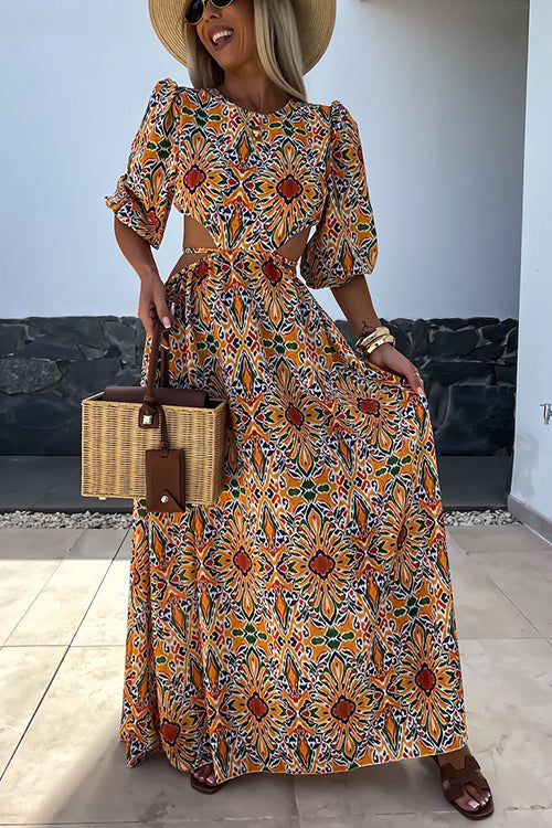 Puff Sleeves Backless Lace-up Printed Maxi Vacation Dress