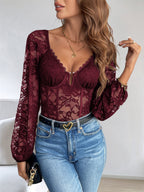 Openwork Lace V-neck Lace Trim Tight-fitting Base Layer Bodysuits