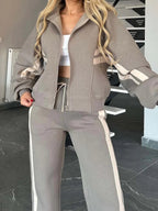 Stripes Zipper Top Wide-leg Pants Leisure Sports 2-piece Sets