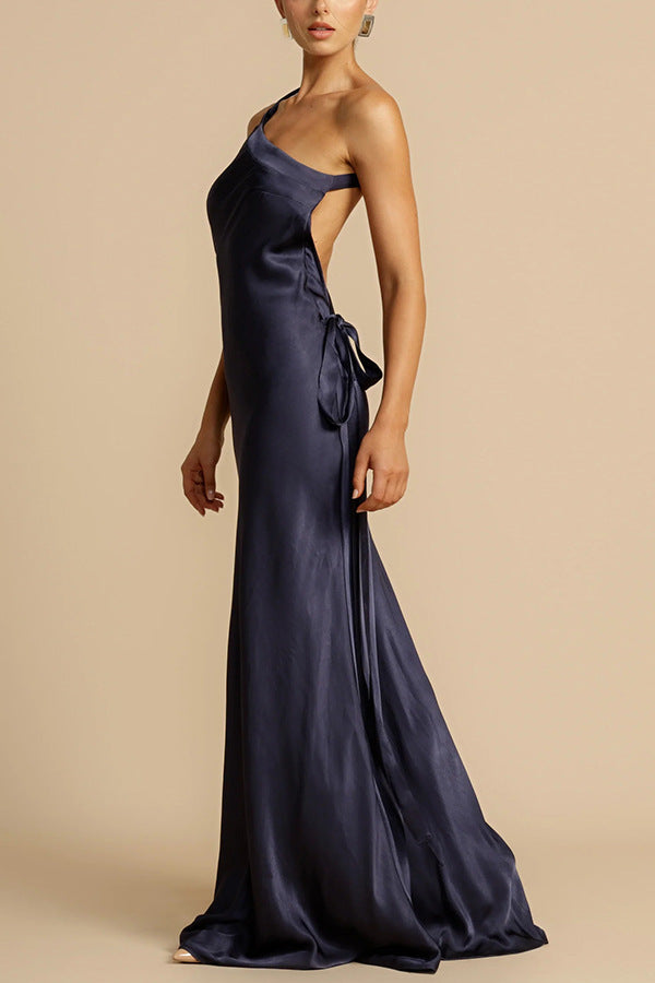 Zippered Single Shoulder Satin Maxi Dresses