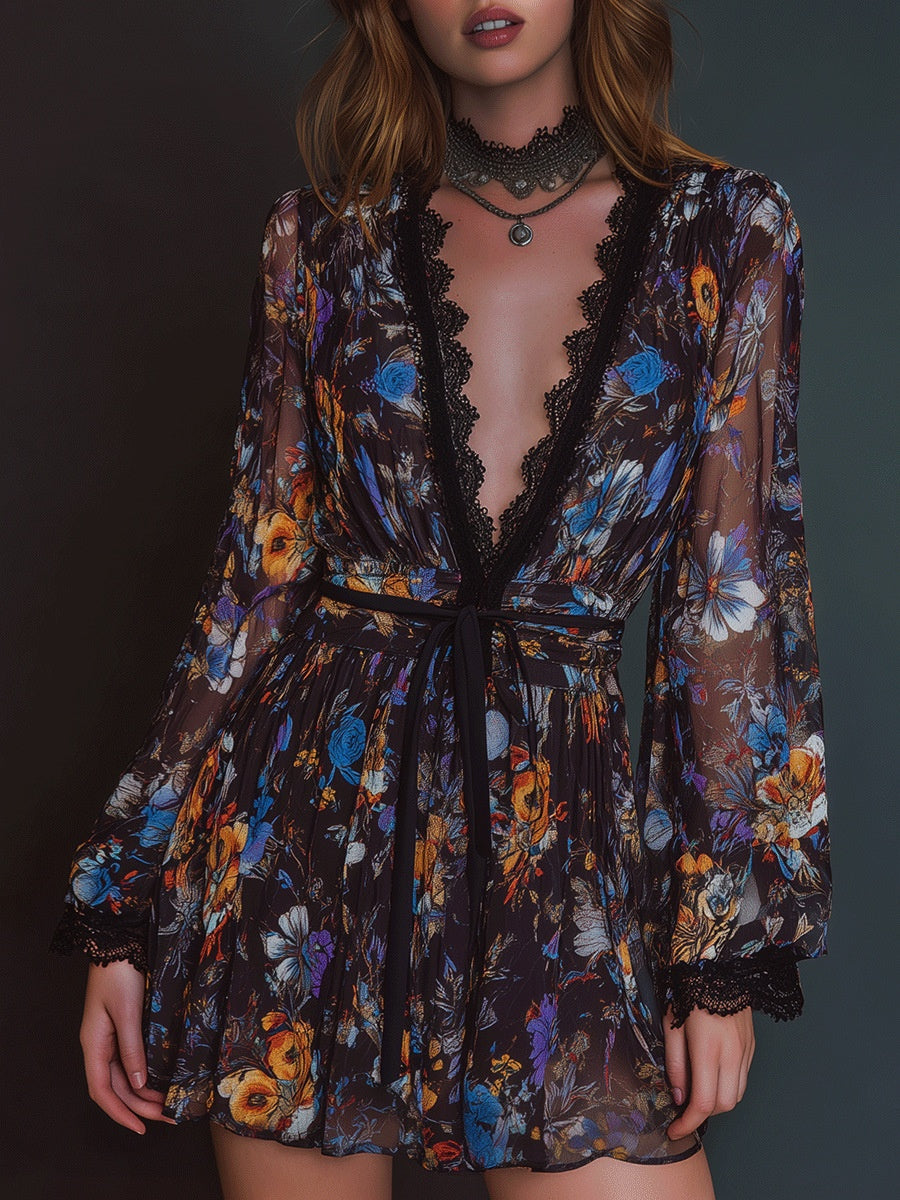 Lace Stitching Loose-fit Printed Mini&Short Dresses