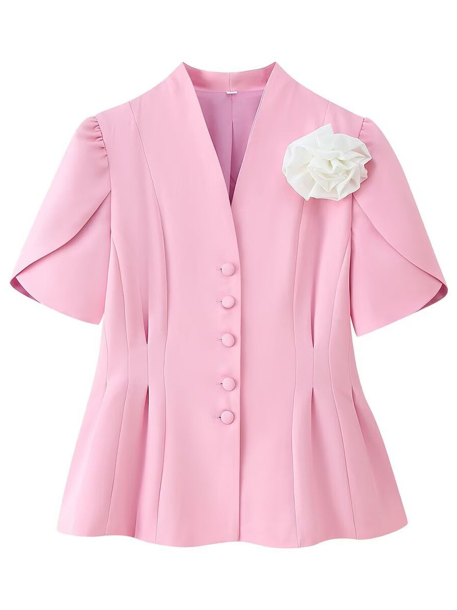 Waist 3D Flowers Short Sleeve Suit Jacket Commuting Shirts