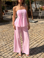 Pink Vacation-style Strapless Top And Trousers Two-piece Set