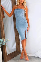 Strapless Waisted Slit Knee Length Bodycon Denim Dress