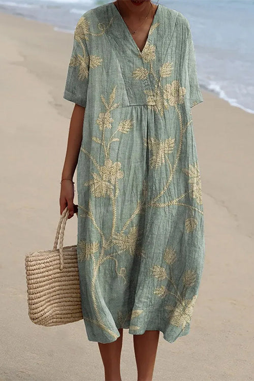 V Neck Short Sleeves Floral Print Loose Midi Vacation Dress