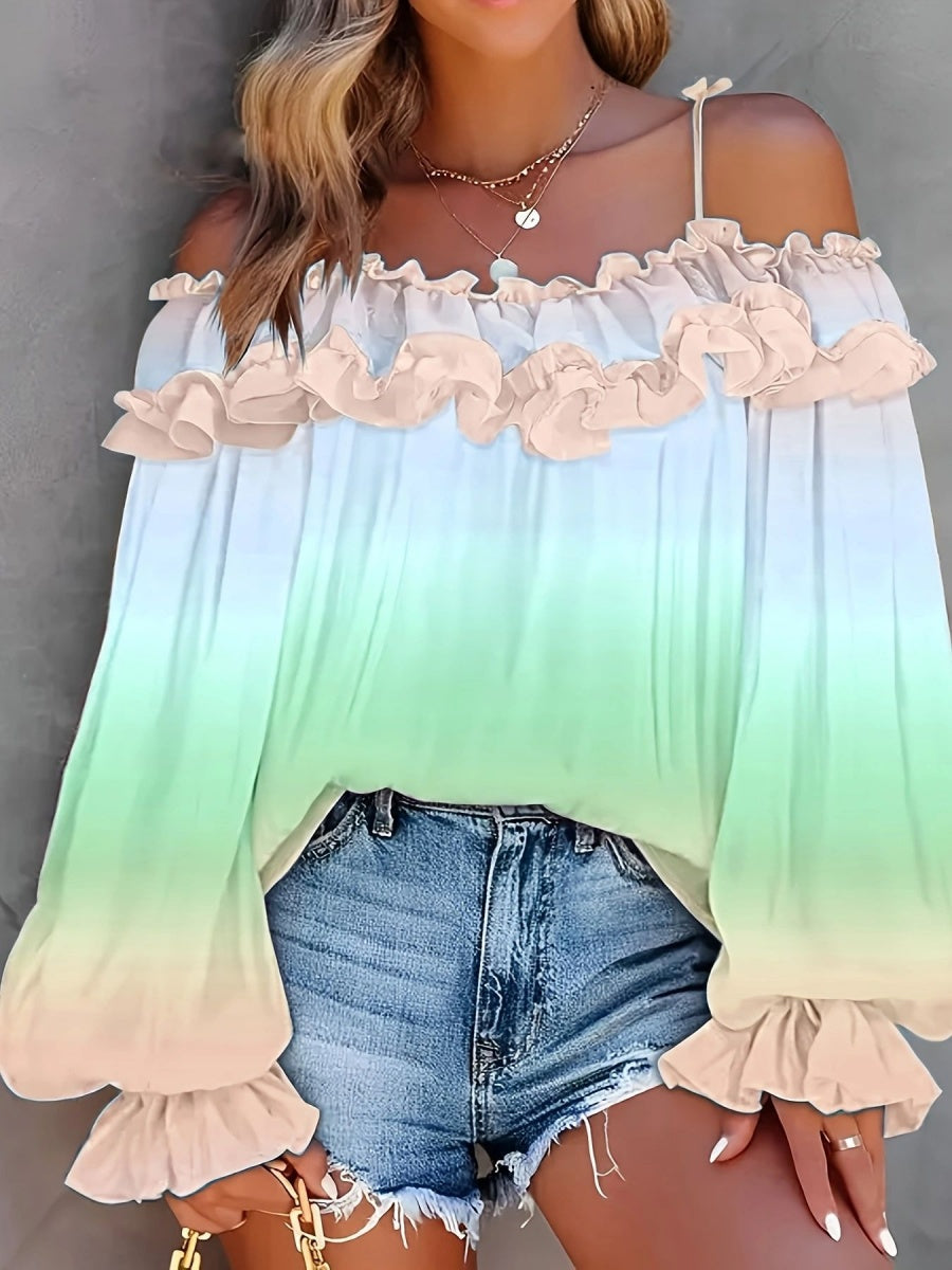 Off-shoulder Color-blocked Gradient Lace T-shirt