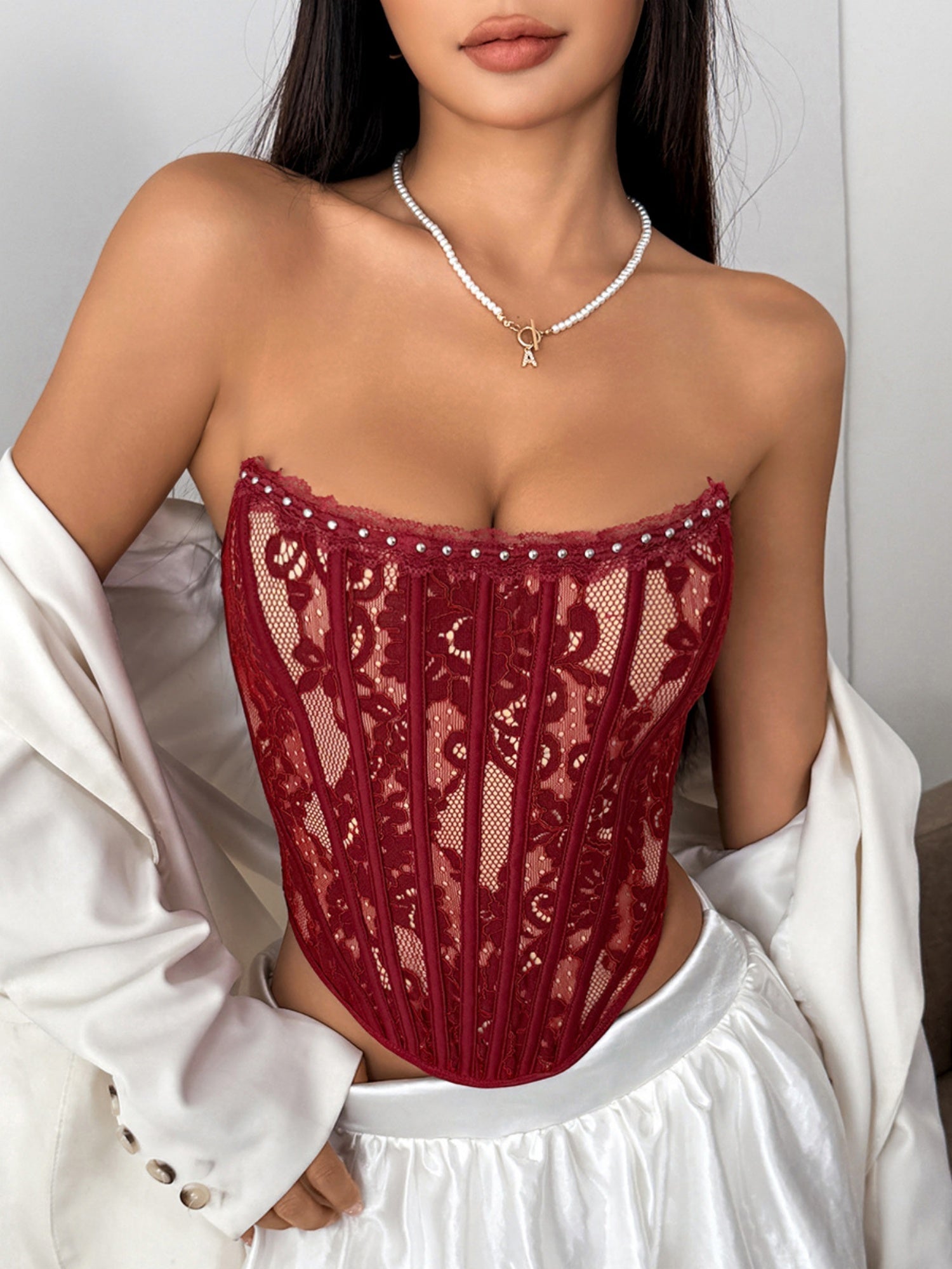 Flower Lace Herringbone Buckle Backless Tube Top Tank Tops