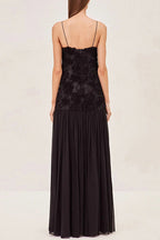 Spaghetti Strap Floral Applique Patchwork Maxi Dress