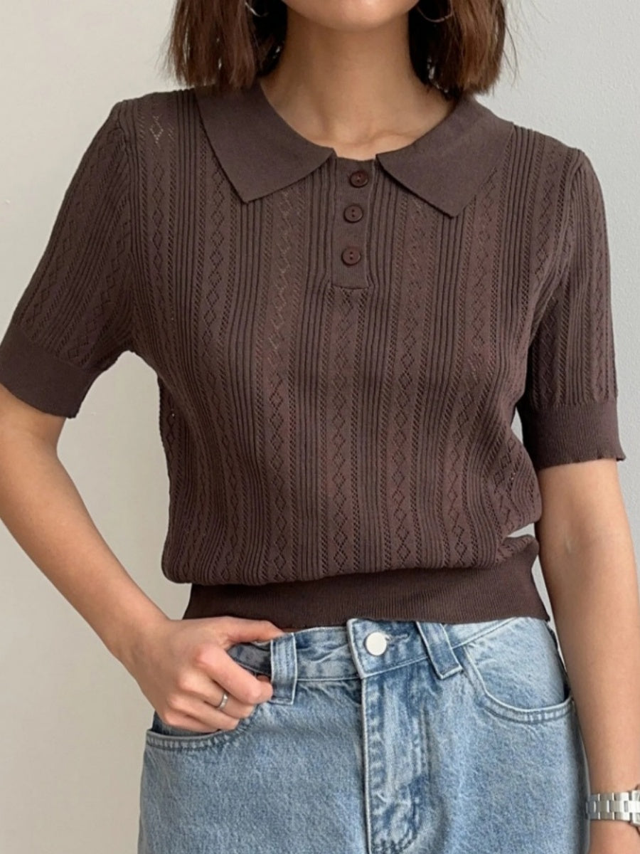 Hollow Crochet Lapel Short Sleeve Knitwear T-shirts