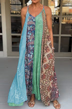 V Neck Color Block Printed Swing Maxi Cami Vacation Dress