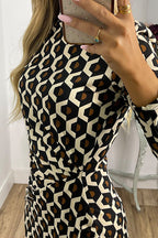 Mockneck Ruched Slit Printed Midi Bodycon Dress