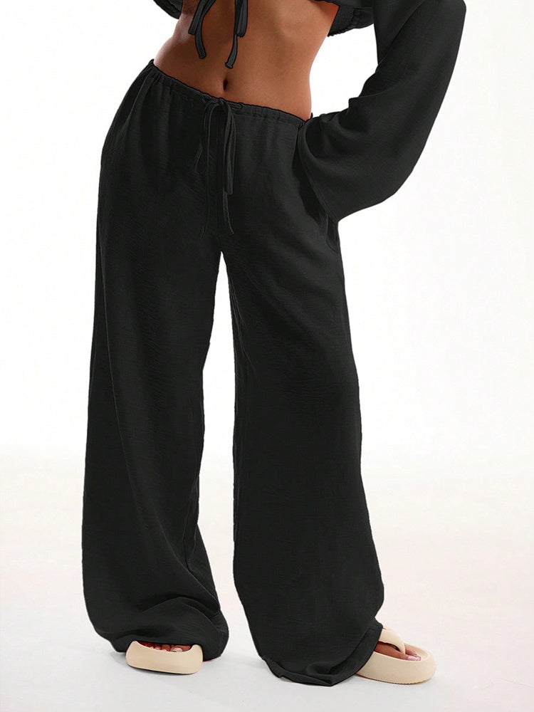 Solid Color Loose-fitting Drawstring Trousers