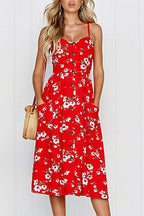 Sunflower Print Spaghetti Strap Button Front Fit and Flare Midi Dress