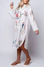 V Neck Long Sleeves Side Split Embroidery Shirt Dress