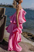 Adjustable Strap Ruffle Layered Satin Maxi Dress