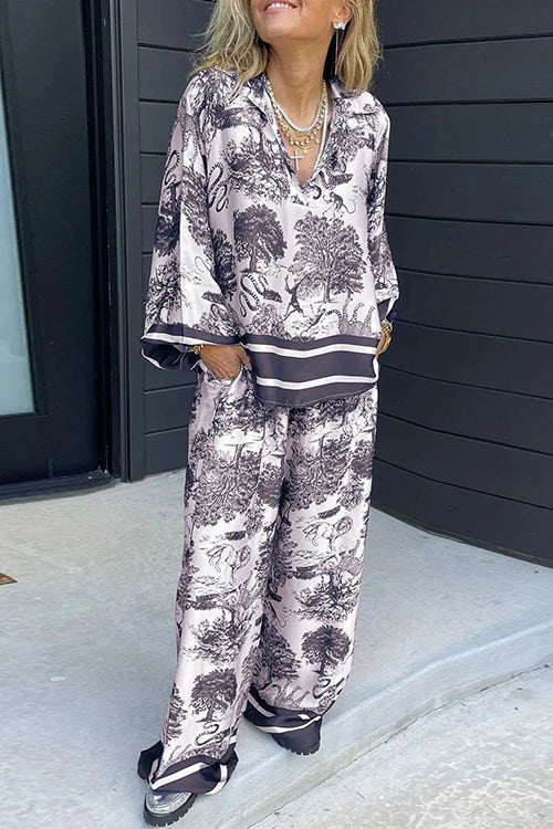 Lapel V Neck Long Sleeves Shirt Wide Leg Pants Printed Casual Set