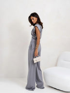 Irregular Short Sleeve Pleated Solid Color 2-piece Sets