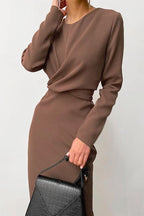 Solid Front Cross Slit Back Ruched Midi Dress