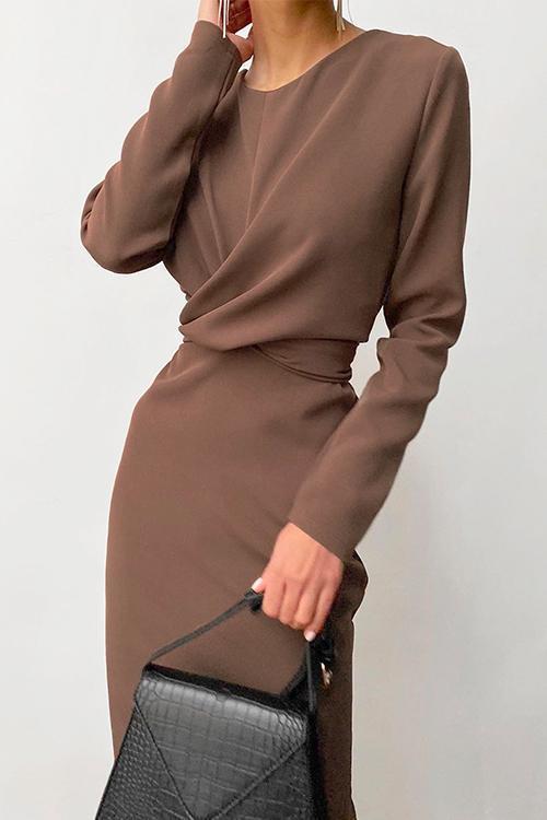 Solid Front Cross Slit Back Ruched Midi Dress