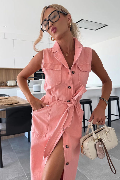 Denim Collar Button Down Belted Pocket Flap Sleeveless Maxi Shirt Dress
