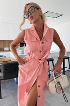 Denim Collar Button Down Belted Pocket Flap Sleeveless Maxi Shirt Dress