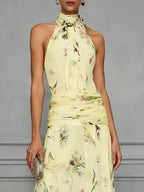 Halter Printed Temperament Waist Parties Maxi Dresses
