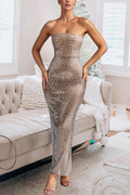 Strapless Tube Back Slit Rhinestone Maxi Party Dress