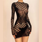 Fishnet long sleeve hollow out see through irregular mini dress