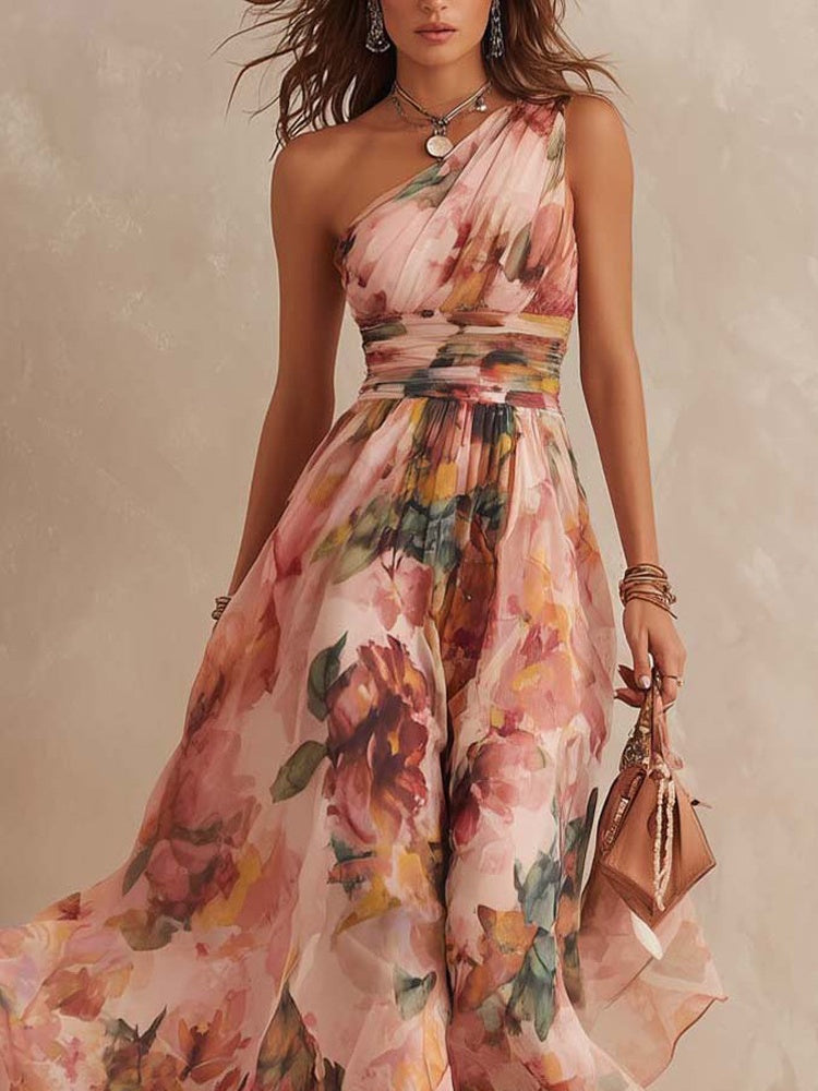 Off-shoulder Sleeveless Floral Print Maxi Dresses