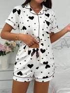Heart-print Cardigan With Collar And Button-down Short Sleeves And Shorts, Two-piece Loungewear Set