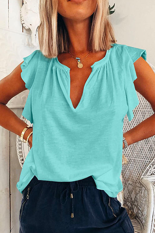 V Neck Solid Ruffle T-shirt