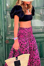Smocked Waist Printed Maxi Ruffle Swing Skirt