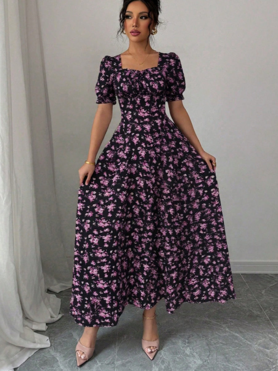 Floral Short Sleeve Square Collar Ruffle Vacation And Leisure Maxi Dresses