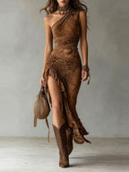 Hippie Style Vacation Retro Asymmetrical Sloping Shoulders Maxi Dresses