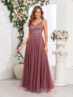 V-neck Embroidery Sequins Elegant Gauze Formal Dress Maxi Dresses
