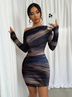 Pleated Slim-fit Hip-hugging Slant Collar Printed Mini&Short Dresses